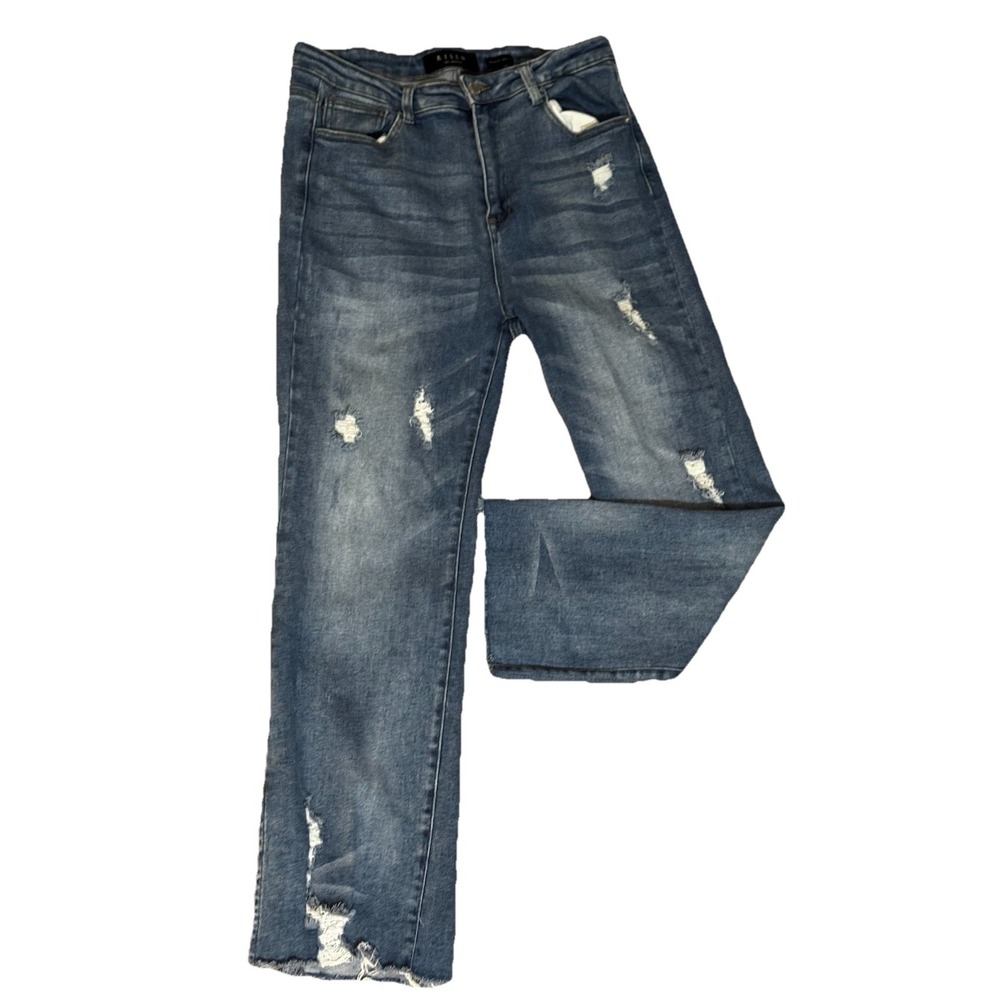 Risen Jeans Womens Size 15 Wash Distressed Straight Leg Stretch Denim Raw Hem